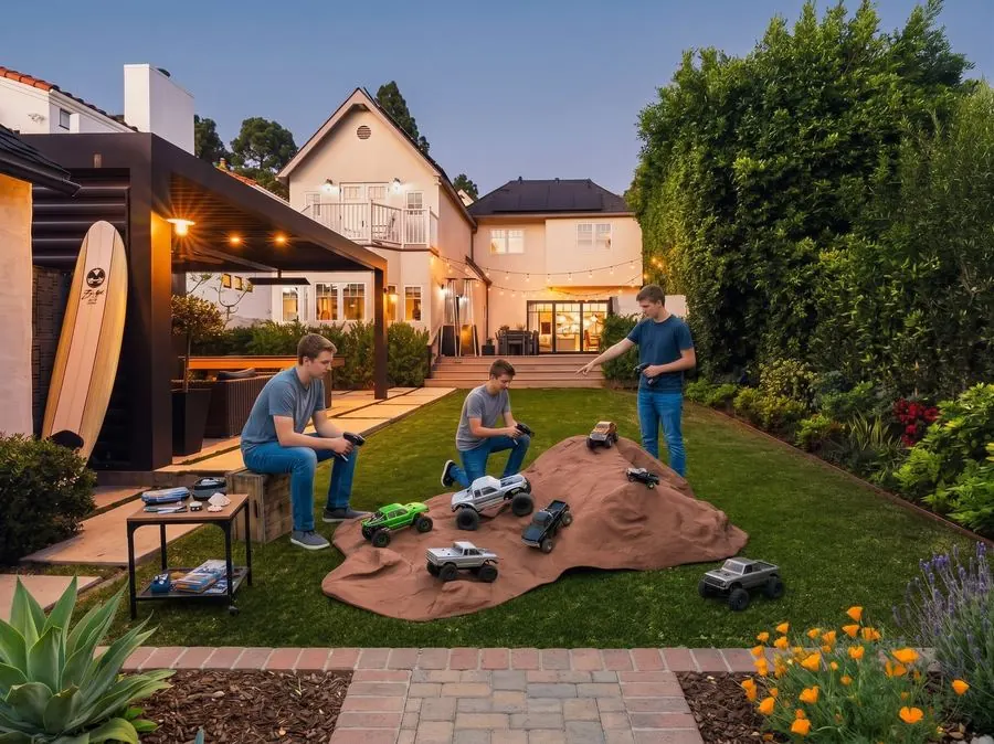 Three teenagers driving and tuning RC crawler trucks on a rock terrain course in a backyard at dusk